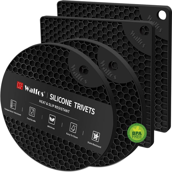 Silicone Trivet Mats - 4 Heat Resistant Pot Holders, Multipurpose Non-Slip Hot Pads for Kitchen Potholders, Hot Dishers, Jar Opener, Spoon Holder, Food Grade Silicone & BPA Free (Black)1