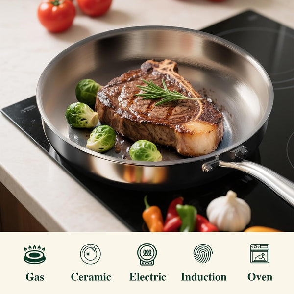 12 Inch Tri-Ply Stainless Steel Frying Pan, Frying Pan with Lid, PFOA/PTFE Free Skillet, Induction Cooking Pans, Dishwasher & Oven Broiler Safe 600F, Professional Cookware, Heavy Duty & Even Heat7