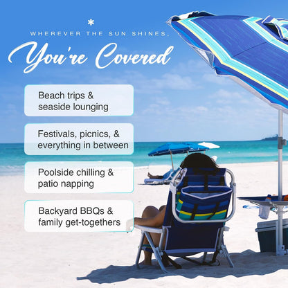 7Ft Heavy Duty High Wind Beach Umbrella with Sand Anchor, Built-In Table Tray Vent Tilt Pole, UPF 50+ Windproof Portable Outdoor Umbrellas Carry Bag for Patio Garden Pool Backyard Stripe7