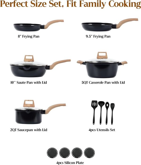 16Pcs Titanium Pots and Pans Set,Toxic-Free Cookware Set, Dishwasher & Oven Safe, Induction Compatible with Bakelite Wood Grain Handle, Compact and Durable3