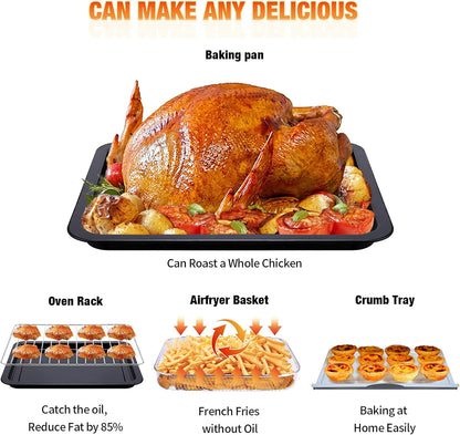 Air Fryer Toaster Oven 26 QT, Large Airfryer Convection Countertop Oven Combo with Easy Bake, Roast, Broil, Warm, 6 Slice Toast 7-In-1 Functions, 3 Layers with 4 Accessories,Stainless Steel8