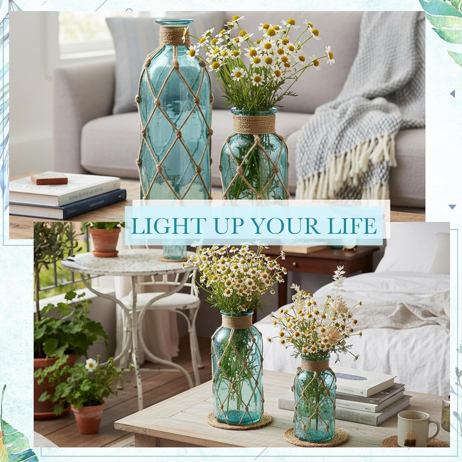 set-of-2-coastal-glass-flower-vase-with-boho-rope-light-blue-coastal-vase-small-sea-glass-jar-nautical-beach-bottle-for-wedding-table-centerpieces-floral-arrangement-decor