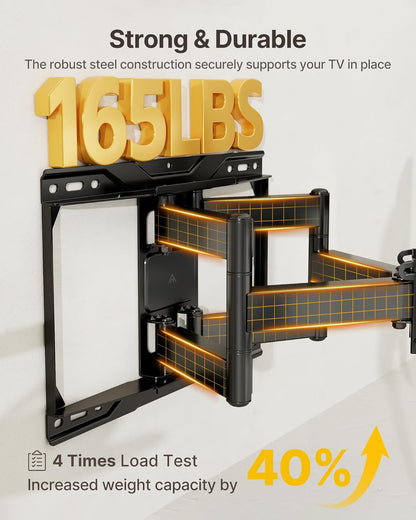 Heavy Duty Full Motion TV Wall Mount for 37-90 Inch Tvs up to 165 Lb | Dual Articulating Arms Extend 16.6 In; Smooth Tilt and Swivel, 4X Load Tested, Max VESA 600X400 Mm, 12/16 in Wood Studs3