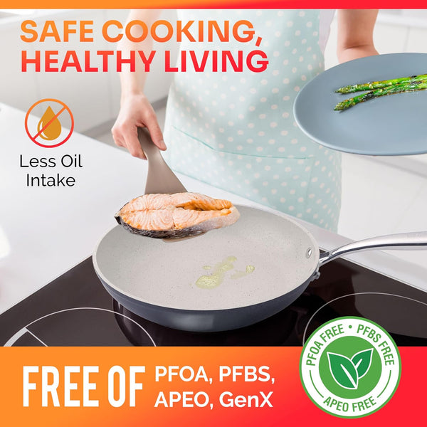 Frying Pan, Heavy Duty German Stone Coating Non-Stick Frying Pans | No PFOA or APEO, Paella Pan, Dishwasher and Oven Safe, Even Heat Distribution, Cool Stainless Steel Handle, Light Grey5