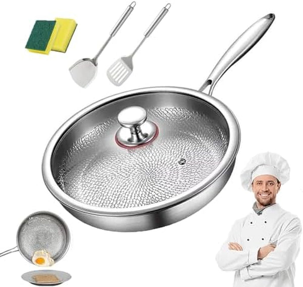 Titanium Pan with Lid, 100% Pure Titanium Hammered Pans Pro for Cooking, Non Stick Titaniums Frying Pans Ultra-Durable & Scratch-Resistant, Perfect for Every Cooktop (With Lid,11.02 In)1