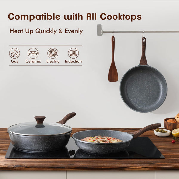Nonstick Frying Pans, Grey(8+10 Inch) | Swiss Granite Coating, Free of PFOA&PFOS, Compatible with All Stoves Including Induction Cooktops, Easy to Clean6