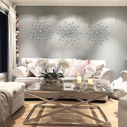3 Set Silver Starburst Wall Art for Home Decor Metal Bling Crystal Rhinestones Sunburst Wall Decor Sparkling Rhinestone Art Accent Silver - 13In2