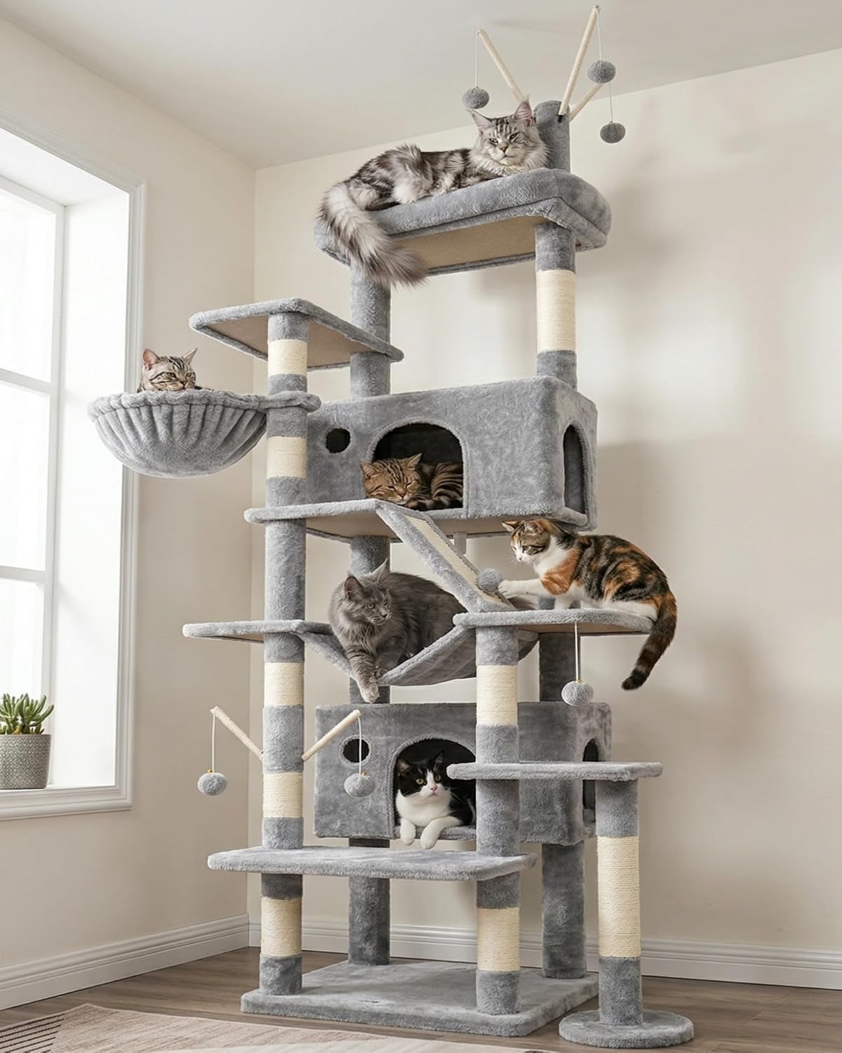 hey-brother-cat-tree-tower-with-sturdy-supporting-posts-2-condos-mpj082w-82-7-inches-multi-level-cat-tower-with-5-teaser-toys-sisal-scratching-posts-large-bed-hammock-for-indoor-cats-light-gray