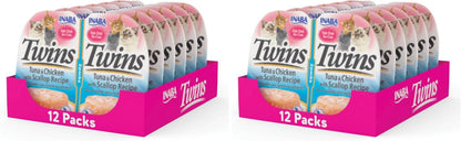 INABA Twins Wet Cat Treat Side Dish, Tuna Chicken Scallop, 12Ct | Immune Support, Antioxidant Support, 89.5% Moisture, 20 Calories, Meal Topper, 6 X 2.46 Oz Twin Cups10