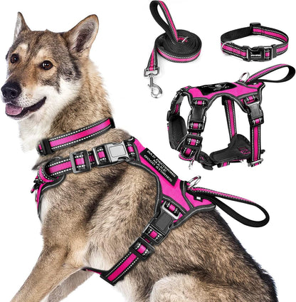 WINSEE Pet Harness Collar and Leash Set, All-In-One Reflective Dog Harness No Pull with Adjustable Buckles for Puppies, Small, Medium, Large, and Extra-Large Dogs (Large, Pink)19