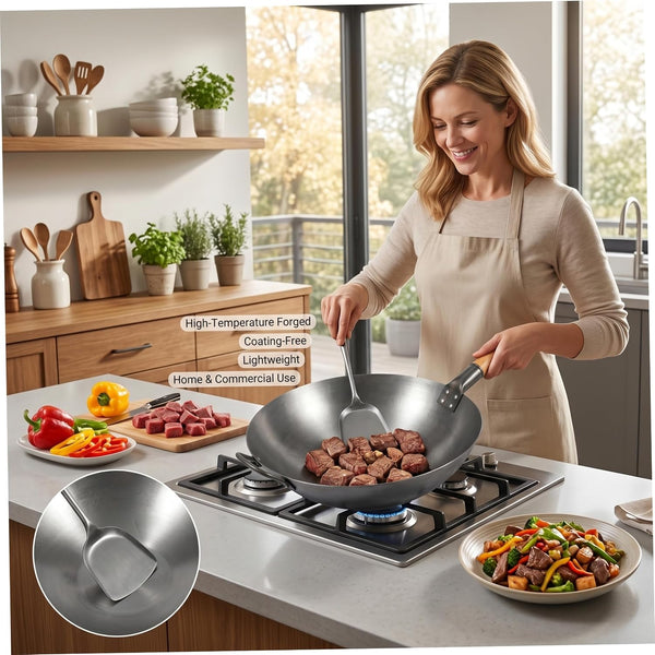 Wok Pan - Nonstick Wrought Iron Wok, Uncoated Forged Iron Stir Fry Pan with Wooden Handle, Silver 15 Inch2