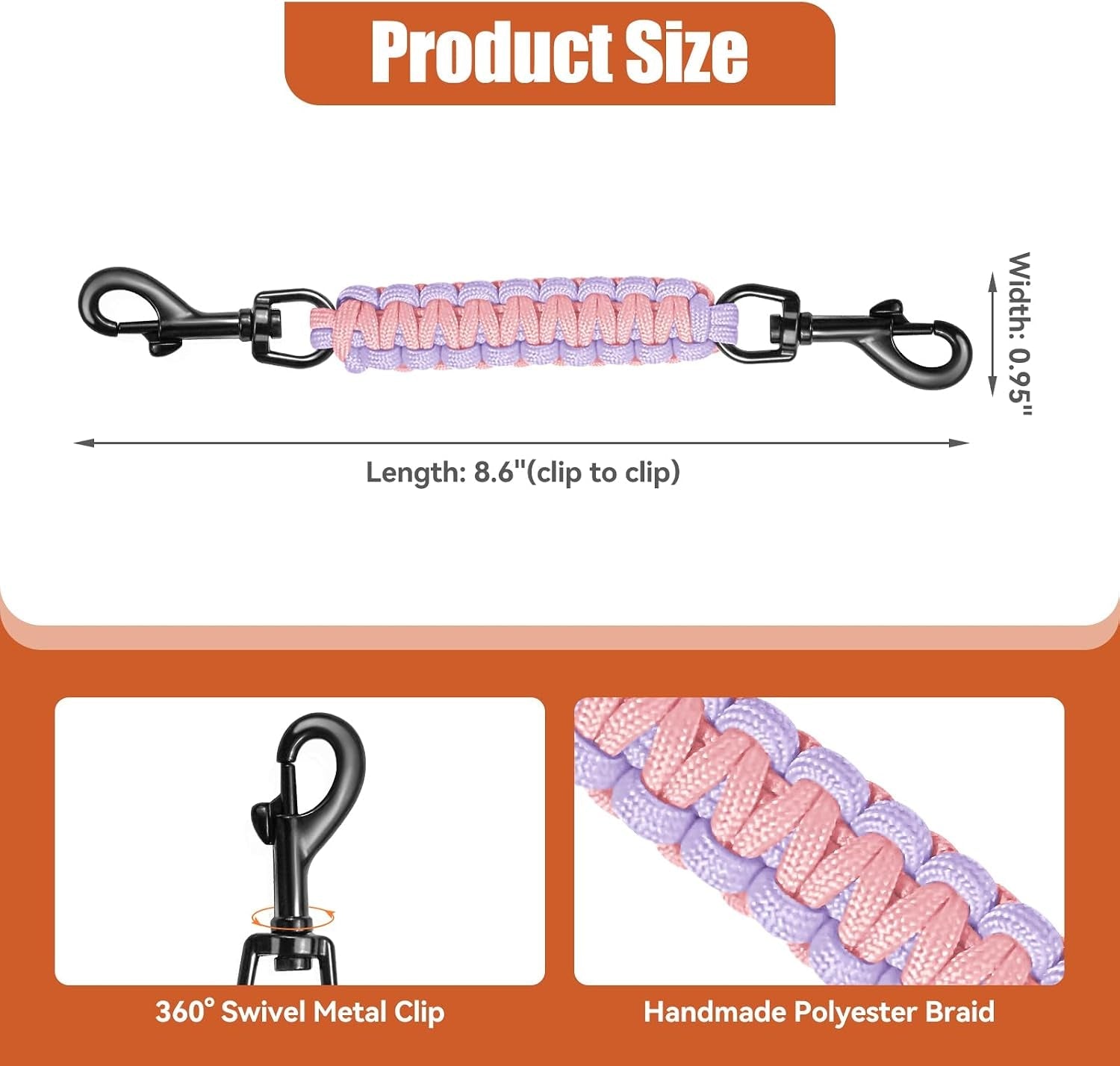 dog-collar-safety-clip-with-dual-clasps-handmade-backup-safety-strap-for-dog-harness-collars-and-no-pull-harness-connectors-pink-light-purple