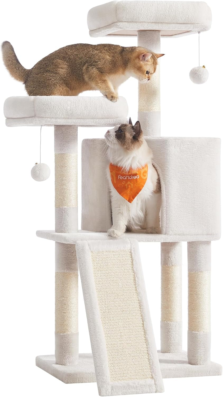 feandrea-cat-tree-45-3-inch-cat-tower-plush-condo-scratching-post-white-45-3-inch-cat-tower-plush-condo-with-scratching-post-ramp-perch-spacious-cave-cream-white