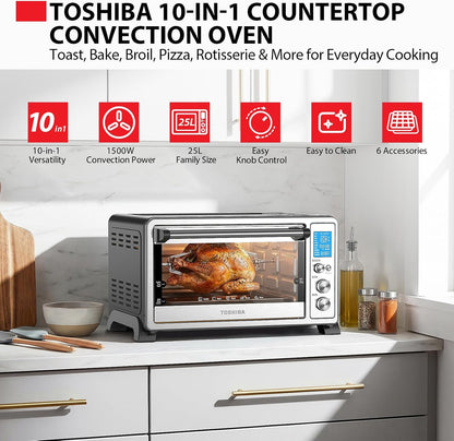 10-In-1 Convection Toaster Oven, 6-Slice Countertop Oven, 1500W | Bake, Broil, Rotisserie & Pizza Functions, LCD Knob Controls, 6 Accessories, with Toast, 1500W, Stainless Steel2
