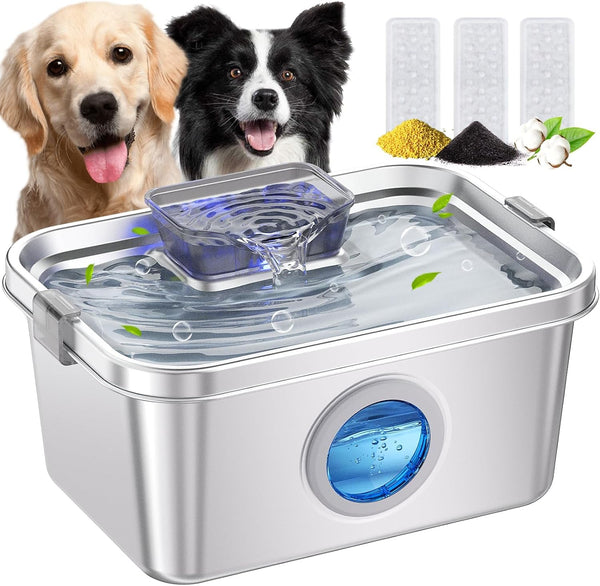 Dog Water Fountain 2 Gal, Stainless Steel Dog Water Fountain for Large Dogs Multi-Cats, Pet Water Fountain with Big Window, Super-Quiet Pump, Indoor Automatic Dog Water Bowl Dispenser Fountain Filters1