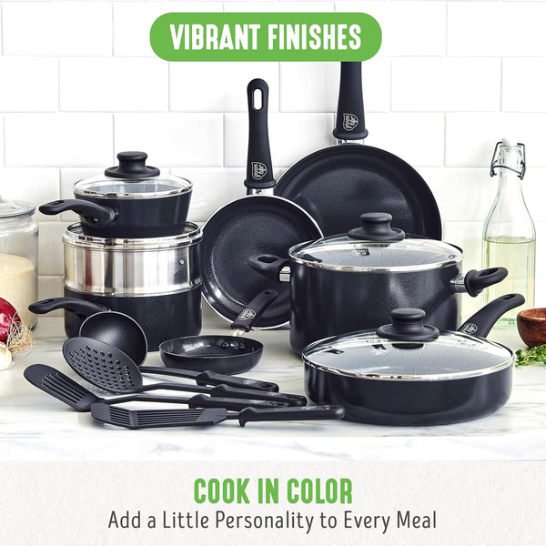 16 Piece Ceramic Nonstick Pots & Pans Cookware Set, Black | Pfas-Free Nonstick Coating, Stockpot, Frying Pans, Saucepans, Sauté Pan, Stay-Cool Handles, Dishwasher & Oven Safe up to 350F5