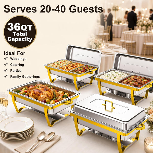 4Pack Rectangular Chafing Dishes for Buffet,Total 36QT Set with 7 Food Pans | Versatile 7 Pan Setup ,450°F Oven-Safe Pans,Hot Cold Food Service,Bonus Tongs,Easy Assembly Storage,Elegant Gold Finish5