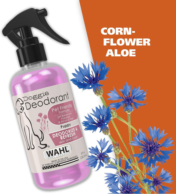 Wahl USA Puppy Pet Deodorant Spray, Deodorizes Odors, Cornflower Aloe, 8 Oz | Freshen up Dog & Cat Coats with a Quick Cornflower Aloe Scented Deodorant Spray for Animals – Model 820009A5