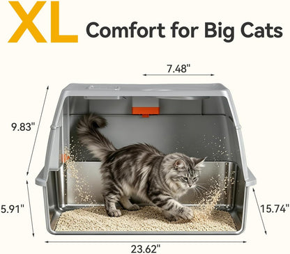 XL Enclosed Stainless Steel Litter Box with Lid, Light Gray | Covered, High Sided, Rustproof & Leak Proof, Easy Clean, Odor Control, Includes Scoop & Step2