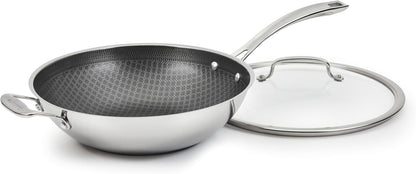 Wok Pan, Purelysear Hybrid, Stainless Steel, 12 Inch | Hybrid Stainless Steel Wok with Lid for Stir-Fry/Steaming, Ceramic Pan, Induction Compatible, Oven Safe to 500°F, FPS26-30HC1