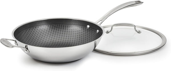 Wok Pan, Purelysear Hybrid, Stainless Steel, 12 Inch | Hybrid Stainless Steel Wok with Lid for Stir-Fry/Steaming, Ceramic Pan, Induction Compatible, Oven Safe to 500°F, FPS26-30HC1