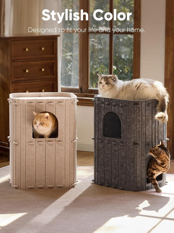 FUKUMARU Cat House for Indoor Cats, Warm Felt Cat Bed, Scratch Resistant | Large Cat Bed Cave, 3-In-1 Cat Condo, Cozy Felt Covered Cats Tunnel, 23.62 Inch Kitten Hideaway for Multicats, Beige6