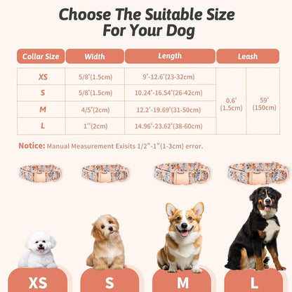 Dog Collar and Leash Set Girls Adjustable Puppy Collars with Floral Bow Tie for Small Medium Large Female Dogs, Orange Flower, S3