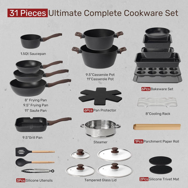 Pots and Pans Set Non Stick 31 Piece Kitchen Nonstick Cooking Cookware Sets with Grill Pan Saucepan Baking Sheet Utensil, Black2