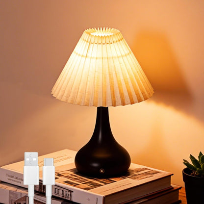 Pleated Cordless Table Lamp, 1800Mah Powered Rechargeable Lamp | Battery Operated Dimmable Lamp Wireless, Replaceable LED Bulb, Linen Shade, for Kitchen Bedside Tabletop, Metal Base White1