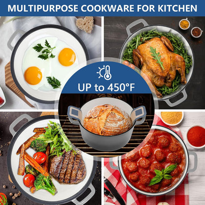 5 Quart Enameled Cast Iron Dutch Oven, 2 in 1 Dutch Oven Pot with Skillet Lid and Silicone Bread Sling, Ideal for Bread Baking, Cooking, Stewing, Frying, Induction & Oven Safe - Grey6