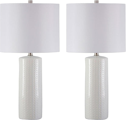 Signature Design by Ashley Table Lamp Set of 2, White Ceramic, 3-Way | Textured White Ceramic Base with Soft Drum Shade, 25-Inch Height Elevates Living Room End Tables, Steuben Series1