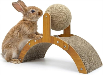 2-In-1 Rabbit Scratching Toy - Natural Sisal Ball & Corrugated Cardboard Pad Bunny Claw Scratcher, Stable Wood Arch Bridge Interactive Toys for Rabbits, Kittens, Ferrets, Chinchillas1