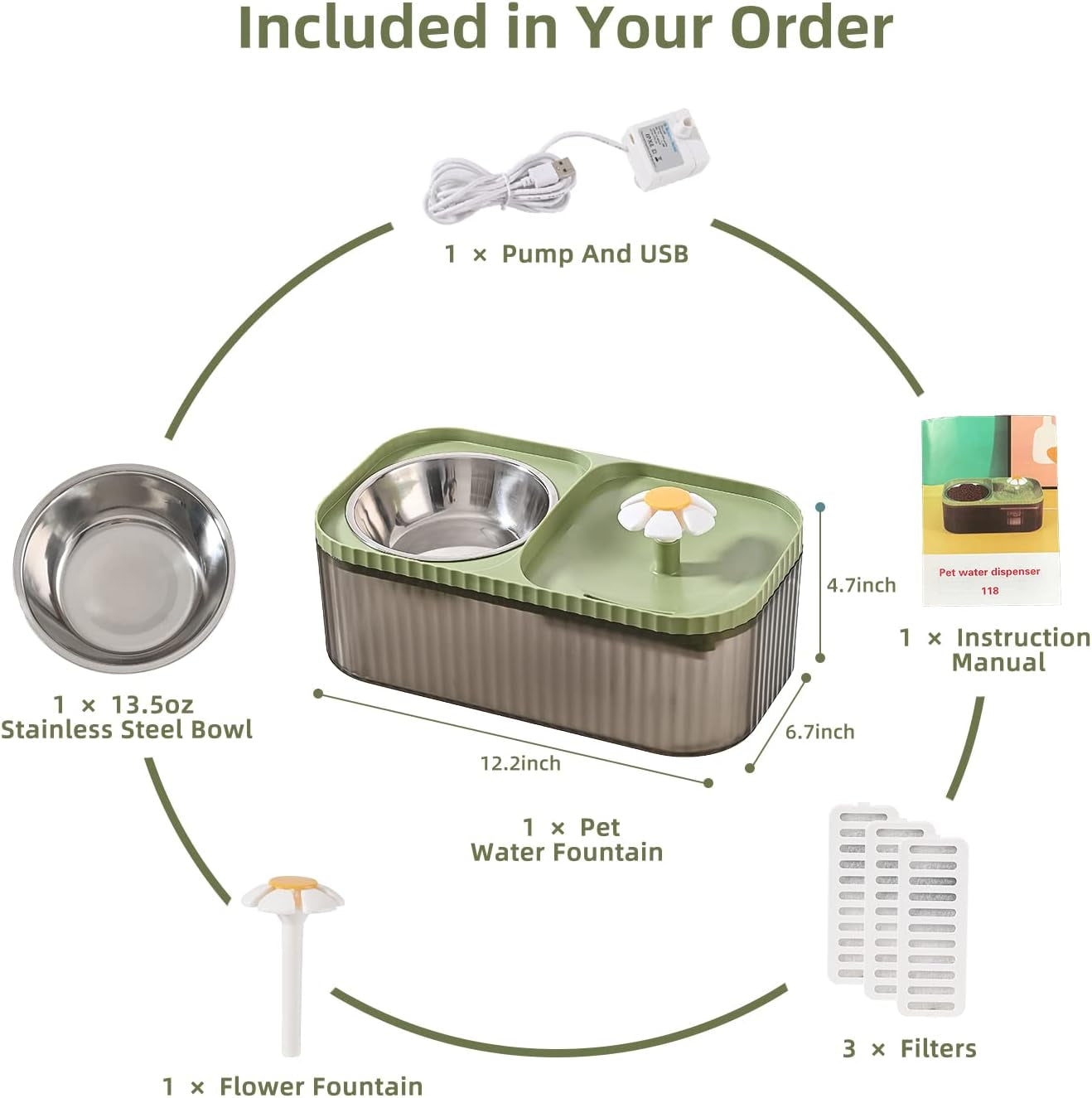 cat-water-fountain-and-food-bowl-3l-101oz-ultra-quiet-pet-water-dispenser-with-smart-pump-and-3-replacement-filters-automatic-flower-fountain-stainless-steel-bowl-black-green