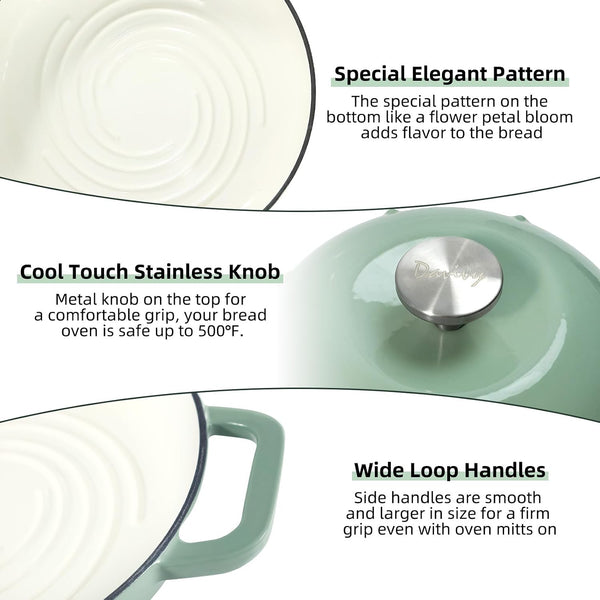 Sourdough Dutch Oven Bread Oven, 5QT Enameled Cast Iron Bread Pan Sourdough Pan, Bread Cloche Dutch Oven with Slicone Oven Mitts - Light Green8