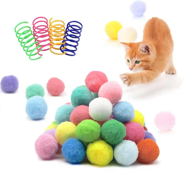 30 Pcs Premium Silent Cat Pom Pom Balls, Interactive Lightweight Assorted Colors Fuzzy Toy Balls (1.2 Inches), with 4 Pcs Cat Spring Toy for Indoor Kitten Playing Exercising1