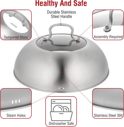Carbon Steel Wok Pan – 11,8 “ Woks and Stir Fry Pans + Wok Lid 11.4 in - Premium Stainless Wok Cover with Tempered Glass 17" Wok Spatula and Ladle Skimmer Spoon4