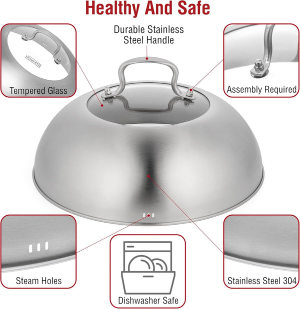Carbon Steel Wok Pan – 11,8 “ Woks and Stir Fry Pans + Wok Lid 11.4 in - Premium Stainless Wok Cover with Tempered Glass 17" Wok Spatula and Ladle Skimmer Spoon4