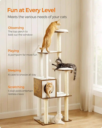 Feandrea Cat Tree, 64.6-Inch Modern Cat Tower, Multi-Level Condo with 5 Scratching Posts, Perch, Washable Removable Cushions, Cave, Rustic Brown UPCT166X013