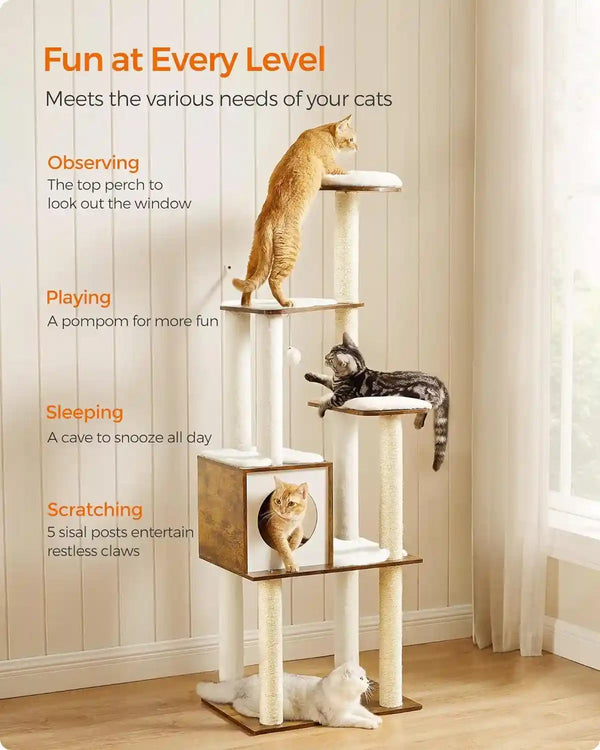 Feandrea Cat Tree, 64.6-Inch Modern Cat Tower, Multi-Level Condo with 5 Scratching Posts, Perch, Washable Removable Cushions, Cave, Rustic Brown UPCT166X013