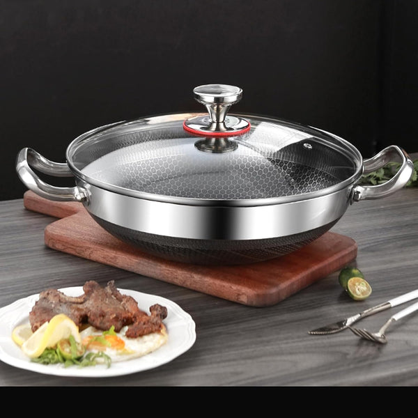 Wok Pan, Hybrid Nonstick Wok with Lid, Non Stick Stainless Steel Large Deep Woks&Stir-Fry Pans,Stay-Cool Handle Skillets,Pfoa Free Cookware, Works on Induction,14.17In7
