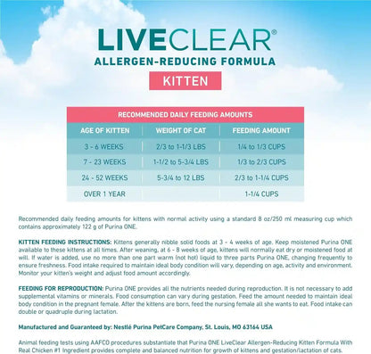 Purina ONE Liveclear Allergen-Reducing Dry Kitten Food Formula with Real Chicken as the Number One Ingredient - 5 Lb. Bag5