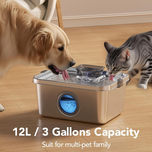 PETIMI Dog Water Fountain, 3 Gallons Stainless Steel Dog & Cat Water Fountain, Large Pet Water Fountain for Multiple Pets, Ultra Silent, Wide Mouth, Safety Lock, 3 Filters Included, Smart Water Pump3