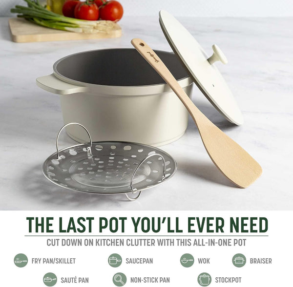 All-In-One Pot, Multilayer Nonstick, High Performance Cast Dutch Oven with Matching Lid, Roasting Rack and Turner, Made without PFOA, Dishwasher Safe Cookware, 4.7-Quart, Linen2