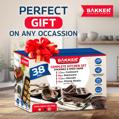 Bakken Master 38 Piece Granite Cookware and Bakeware Set – Nonstick Granite Coating, Pots and Pans with Detachable Handles and Tempered Glass Lids, 6-Piece Bakeware Set, 12-Piece Mixing Bowls,Brown9