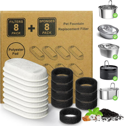 Cat Water Fountain Filter 16Pcs Fit 101Oz/3L Stainless Steel Pet Fountain | Cat Fountain Replacement Filters for 67Oz/2L, 108Oz/3.2L Cat Water Fountains Pet Fountain Filters (8 Filters & 8 Sponges)1