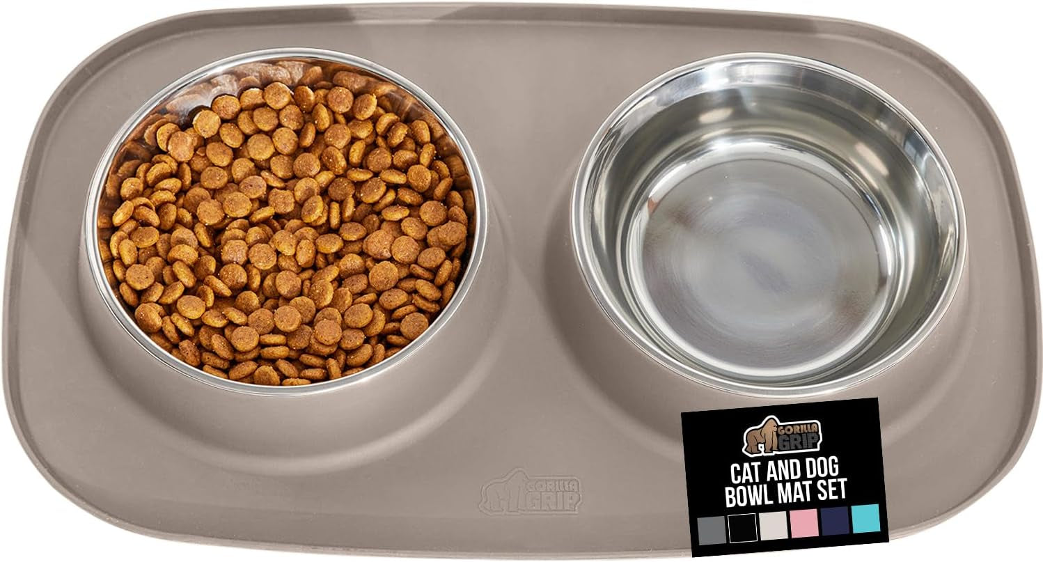 gorilla-grip-patented-dog-bowl-set-with-slip-resistant-silicone-feeding-mat-food-grade-304-stainless-steel-bowls-bpa-free-high-edge-spill-containment-dishwasher-safe-finger-notch-removal-2-cup-gray
