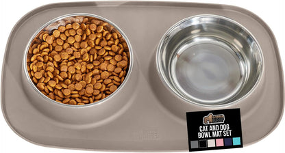 GORILLA GRIP Patented Dog Bowl Set with Slip Resistant Silicone Feeding Mat, Food Grade 304 Stainless Steel Bowls, BPA Free High Edge Spill Containment Dishwasher Safe, Finger Notch Removal 2 Cup Gray13
