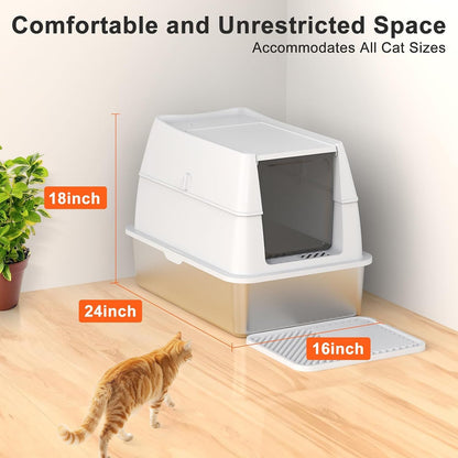 XL Extra Large Stainless Steel Litter Box with Lid, Metal Cat Litter Boxes for Big Cats Enclosed, Metal Litter Box with Litter Scoop Set, Non-Sticky, Anti-Urine Leakage, 24"*16"*18", Silver Gary6