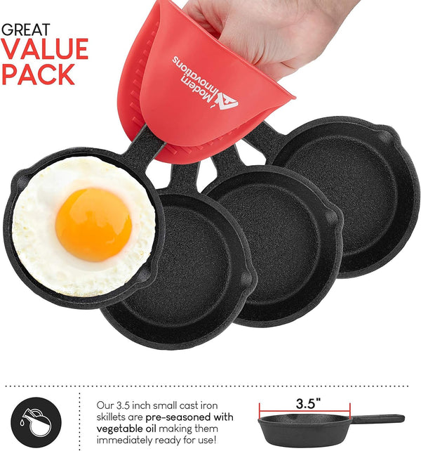 Mini Black Cast Iron Skillet Set with Silicone Mitt (4 Count) - 3.5 Inch Pans, Pre Seasoned Small Skillets for Baked Cookie/Brownie or Cooked Eggs3