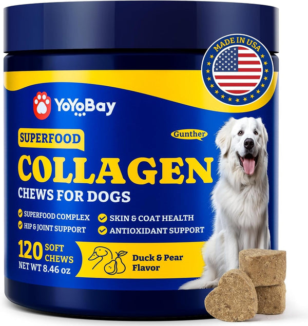 Collagen for Dogs, Soft Chews for Hip, Joint, Skin & Coat Supplement | Collagen Soft Chews for Cartilage,Mobility Support with Types I, II & III Collagen and Superfood-120 Count,Duck & Pear Flavor1